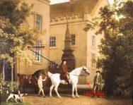 Rich guy on a horse with his house in the background